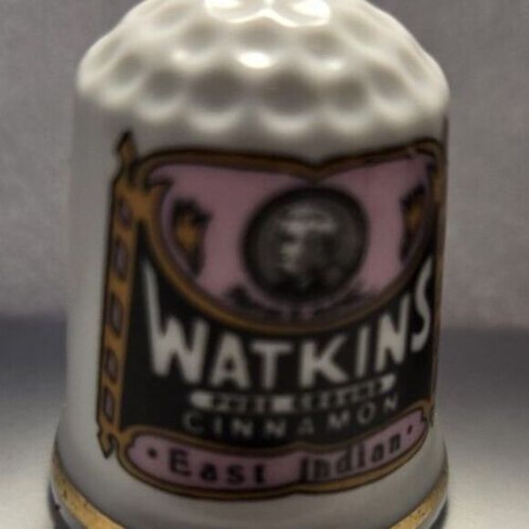 Vintage Ceramic THIMBLE Collectible Gift Watkins Pure Ground Cinnamon Label - Picture 3 of 3